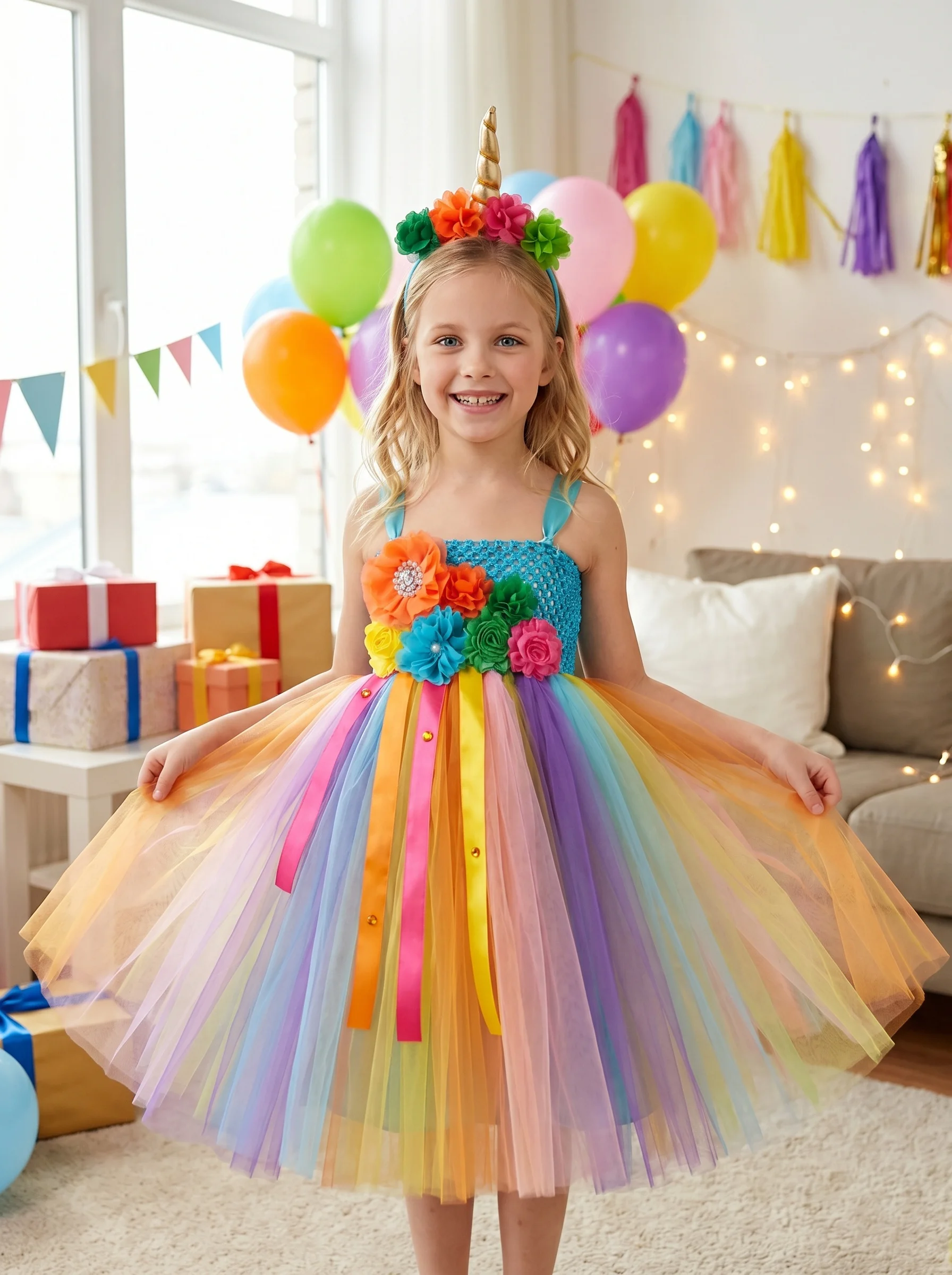 【Vestido de Unicornio Arcoíris Niñas】Vestido de Fiesta de Cumpleaños, Falda de Princesa de Escenario con Flores y Lentejuelas, Set de Diadema de Unicornio, Vestido de Tulle para Fotos 3-10 Años