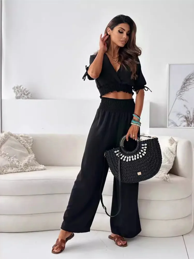 Solid Short Sleeve Trousers Suit Summer Fashion V-neck Top Elegant Office Casual 2 Piece Set New White Holiday Sets