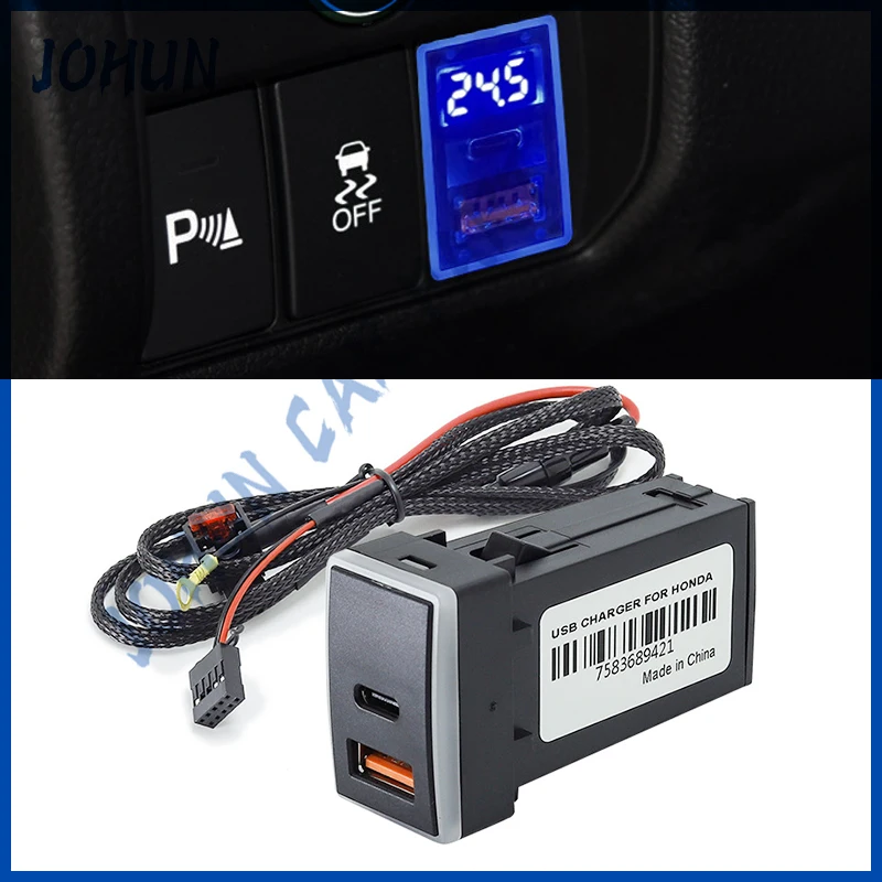 

Автомобильный адаптер питания для быстрой зарядки PD + QC3.0 со светодиодным цифровым вольтметром для нового Honda Accord Civic City Fit HR-V CR-V Odyssey New
