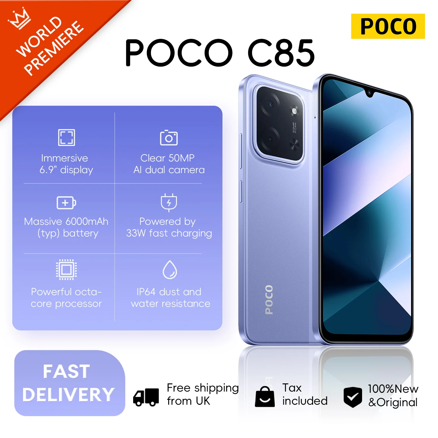 POCO C85 4G 8 + 256GB الإصدار العالمي 120 هرتز 6.9 "نقطة عرض MediaTek Helio G81-Ultra 50MP الكاميرا الرئيسية 6000mAh 33W IP64 NFC