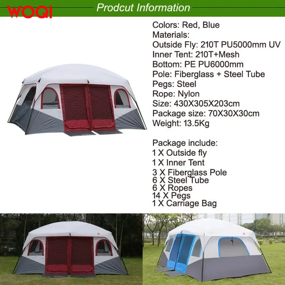 WOQI Outdoor Luxury Large 10-12 Person Waterproof Portable Home Camping Party Tent