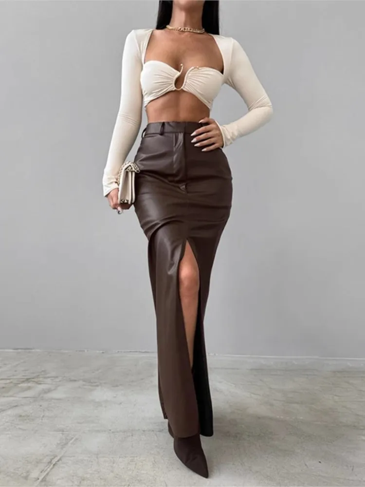 PU Faux Leather Skirts Women Casual Simple All-match Office Lady Slim Split Skirt Package Hip Bodycon Fashion Streetwear 2025