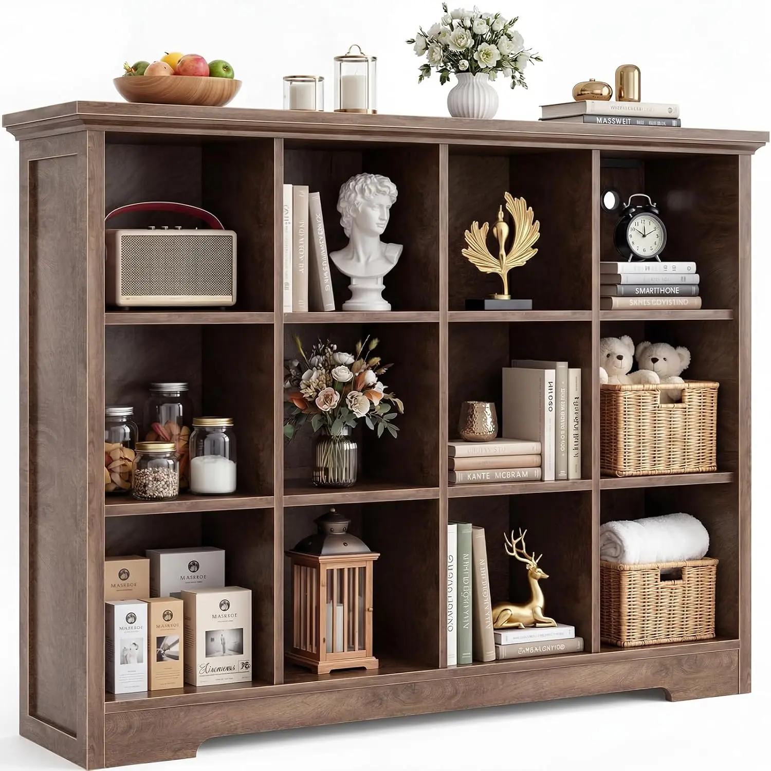 Wooden 12-Cube Storage Organizer with Charging Ports, 4-Tier Open Cubbies Shelf for Home & Office, Customized