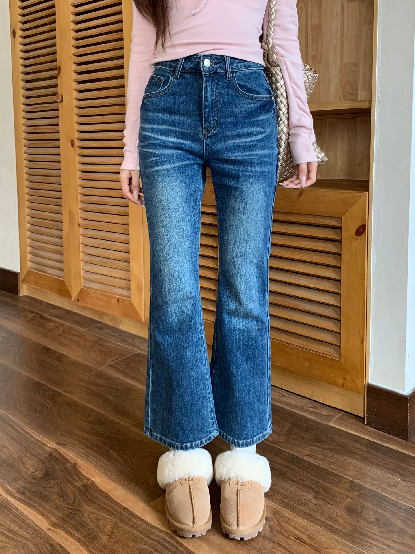 

Deep Blue Bell Bot Jeans Women's Slim Fit Straight Leg Nine Point Winter Faion Retro Sle l Waist Button Closure