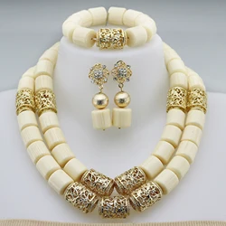 Nigerian Wedding White Resin Beads Jewelry Set Golden Pendant Necklace for Women Nigeria Bridal Costume Necklace Set