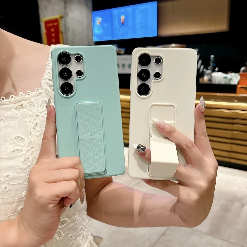 

New TPU Stand Liquid Silicone Case for Samsung Galaxy S25 Ultra SM24 23 Plus Silky Soft Touch Shell Kickstand Covers