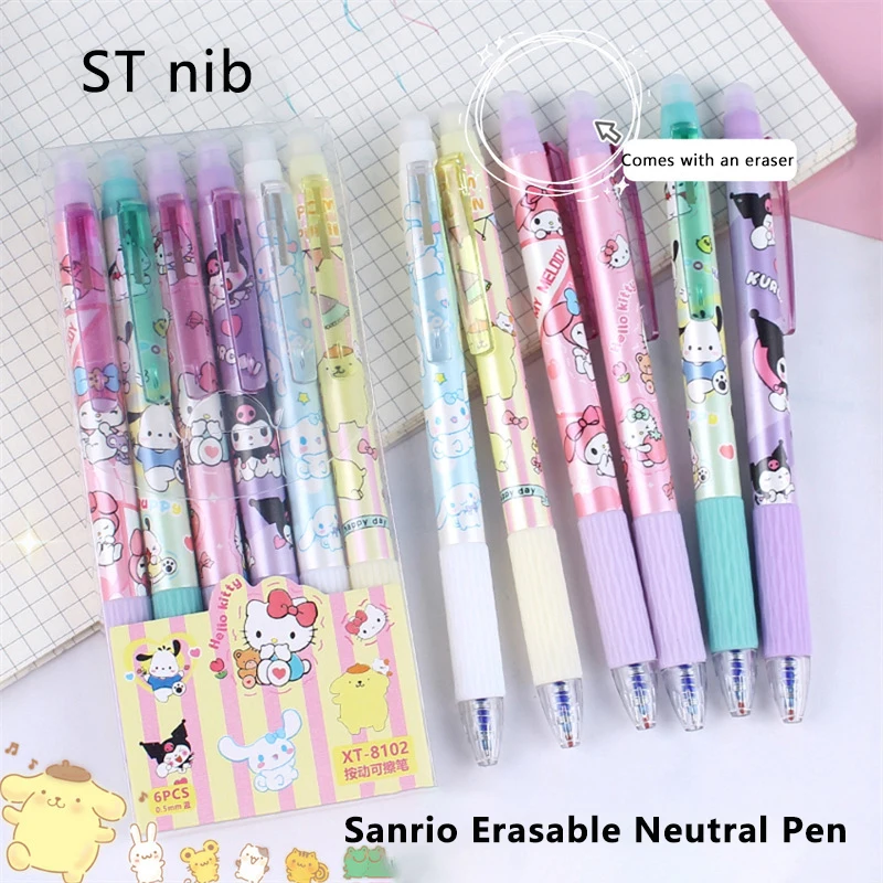 Sanrio-Bolígrafo de Gel borrable de dibujos animados, Cinnamonroll, Kuromi Melody, 0,5mm, tinta azul, escritura, secado rápido, papelería para estudiantes, 1/6 piezas