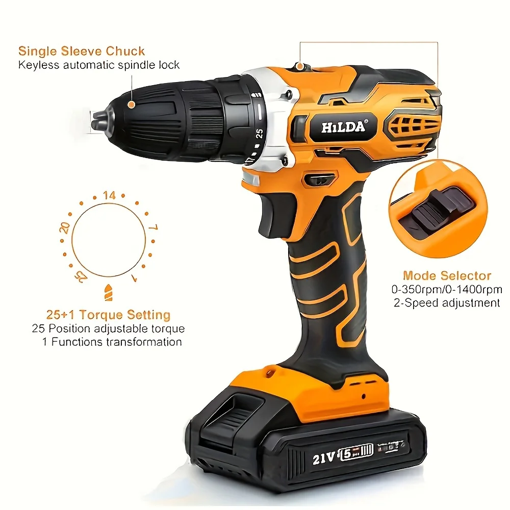 Hilda 21v furadeira sem fio com bateria 25 + 1 torque furadeiras elétricas sem chave 3/8 "destornillador de furadeira sem fio