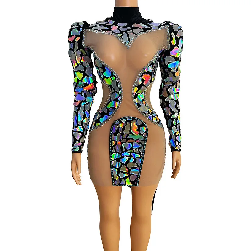 

2025 New Transparent Sequins Singing Costume Sexy Stage Performance Costume Long Sleeves Stunning Party שמלות ערב לנשים לאירוע