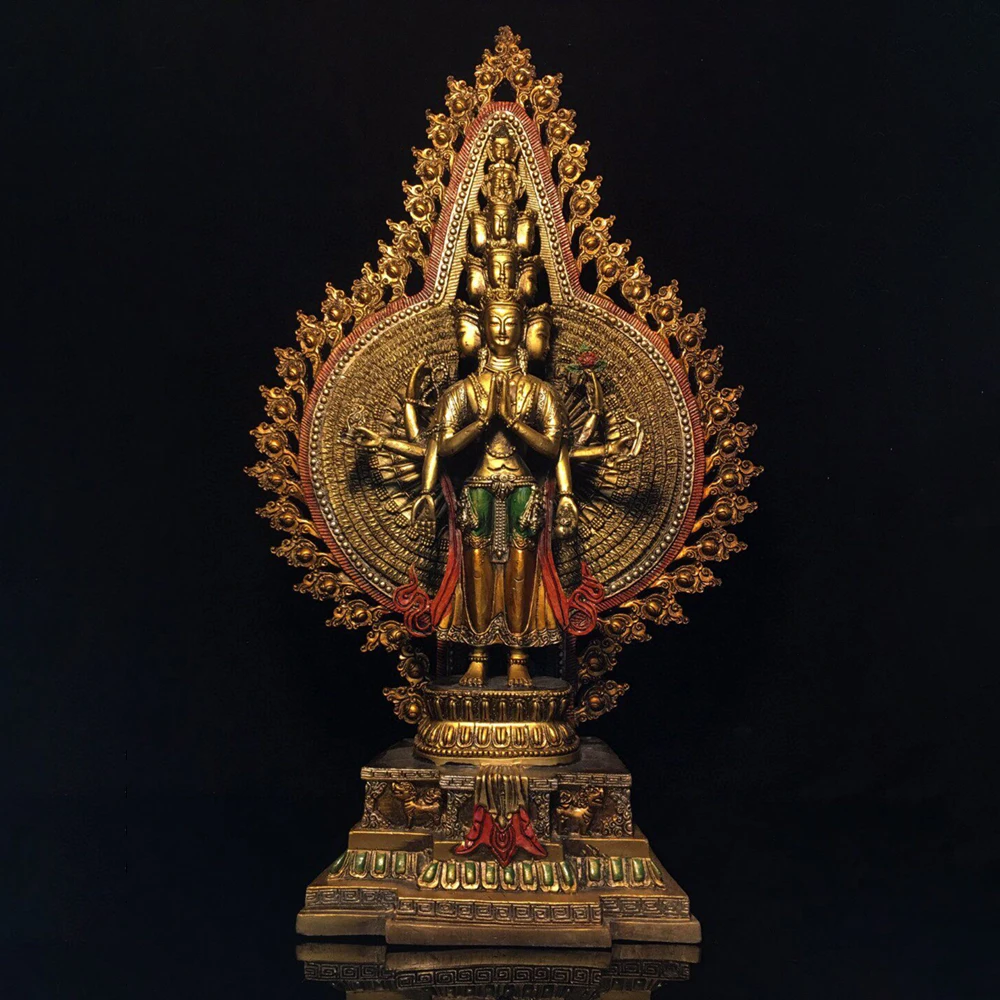 Pure Copper Hand Painted 11 Face Thousand Arm Guanyin Statue Buddhist Home Altar Decor