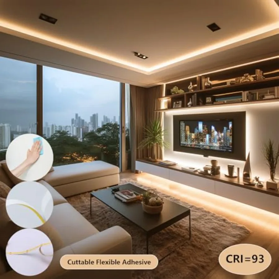 24V COB LED Strip Lights 65.6ft CRI 93 Cuttable with Power Supply 3000K Warm White LED Tape Light Adhesive 160W 312LEDs/m for B view 4