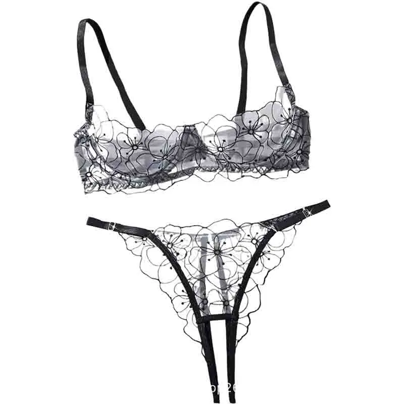 

Sexy Bra Brief Set Lace Underwire Romantic Lingerie Half Cup Ultra Thin Underwear Thong Black Hollow Out See Through Exotic Sets