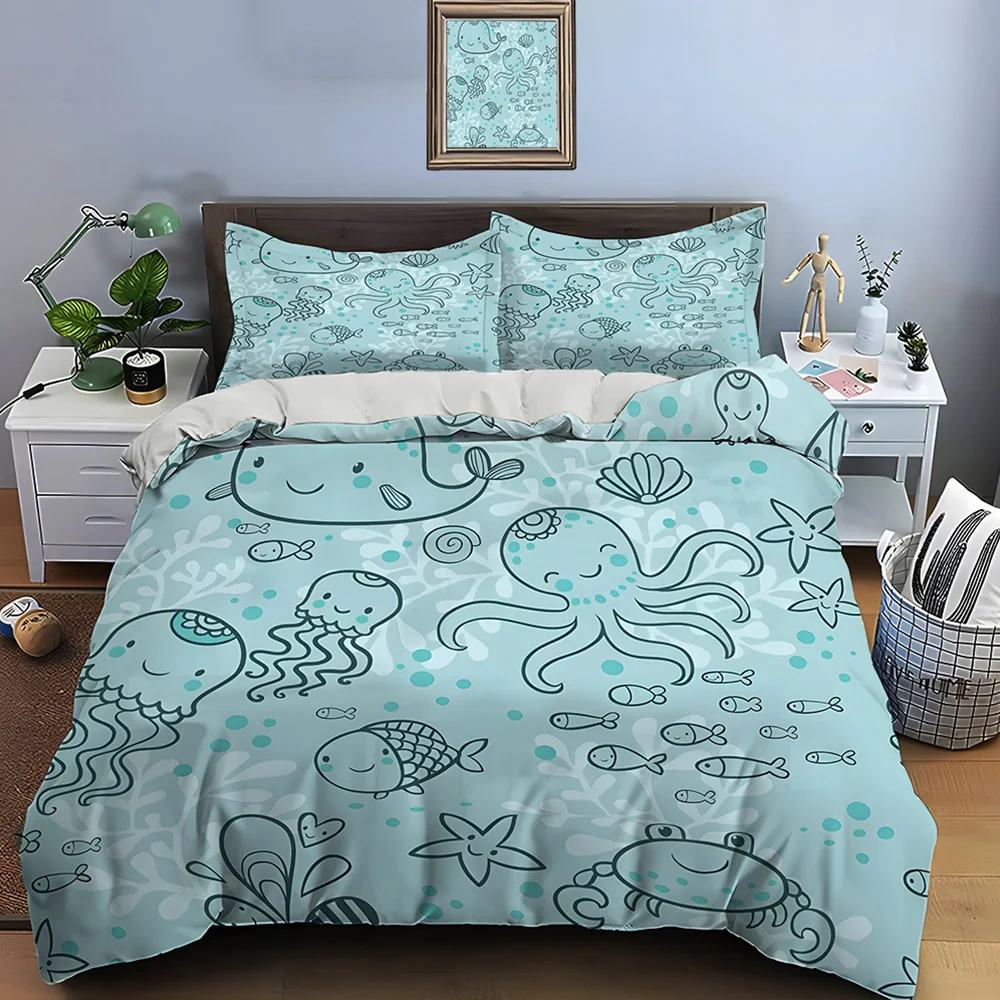 Cartoon Ocean Animals Background Pattern Duvet Cover Set Digital Print Polyester Bedding with Zipper Closur for kids gifts