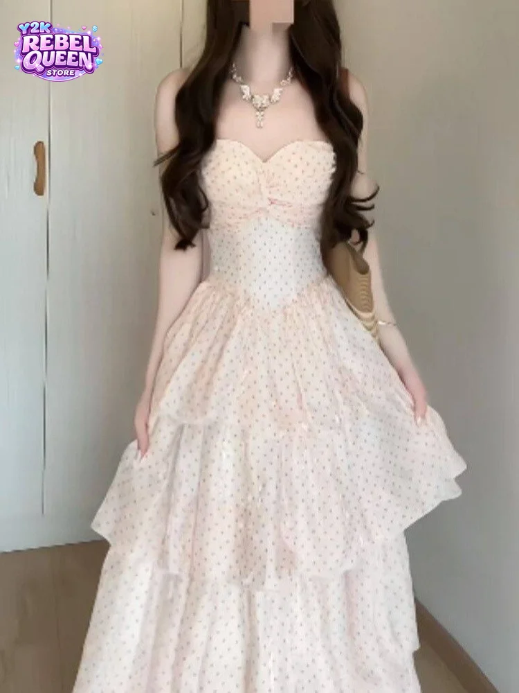 Coquette Elegant Polka Dot Strapless Maxi Dress Women Ruched Corset Waist Slim Fit Layered Ruffle Hem Beach Party Outfit 2026