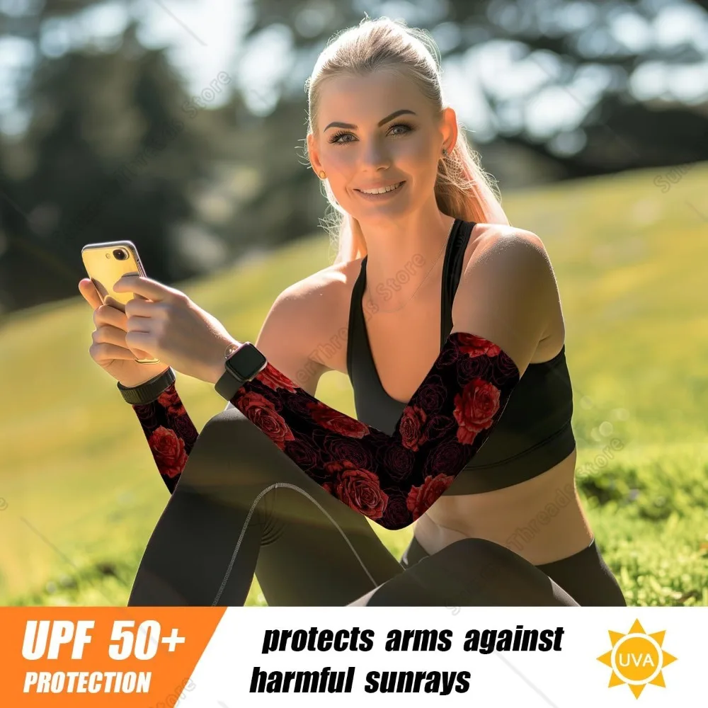 Cubierta de brazo refrescante con flor de rosa roja para hombres y mujeres - Mangas de brazo con protección solar ultravioleta para conducir con el dedo
