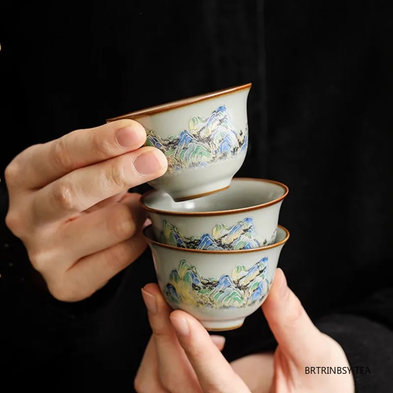 

1 Pc Chinese Vintage Ru Kiln Ceramic Tea Cup Handmade Landscape Teacup Household Beauty Tea Bowl Travel Personal Teaware 50ml