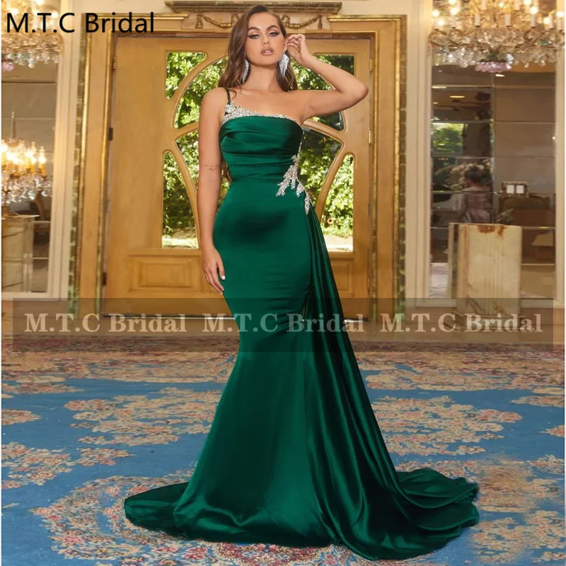 

New Emerald Green Prom Dresses Mermaid Strapless Pleats Satin Silver Crystals Formal Gowns For Evening Party Robe De Soiree