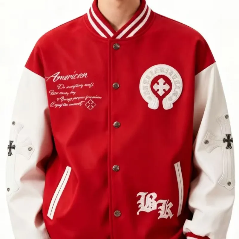 Retro Embroidered Bomber Jacket Men Spliced PU Leather Sleeves Streetwear Baseball Jacket Coats Varsity Jacket Men Clothing