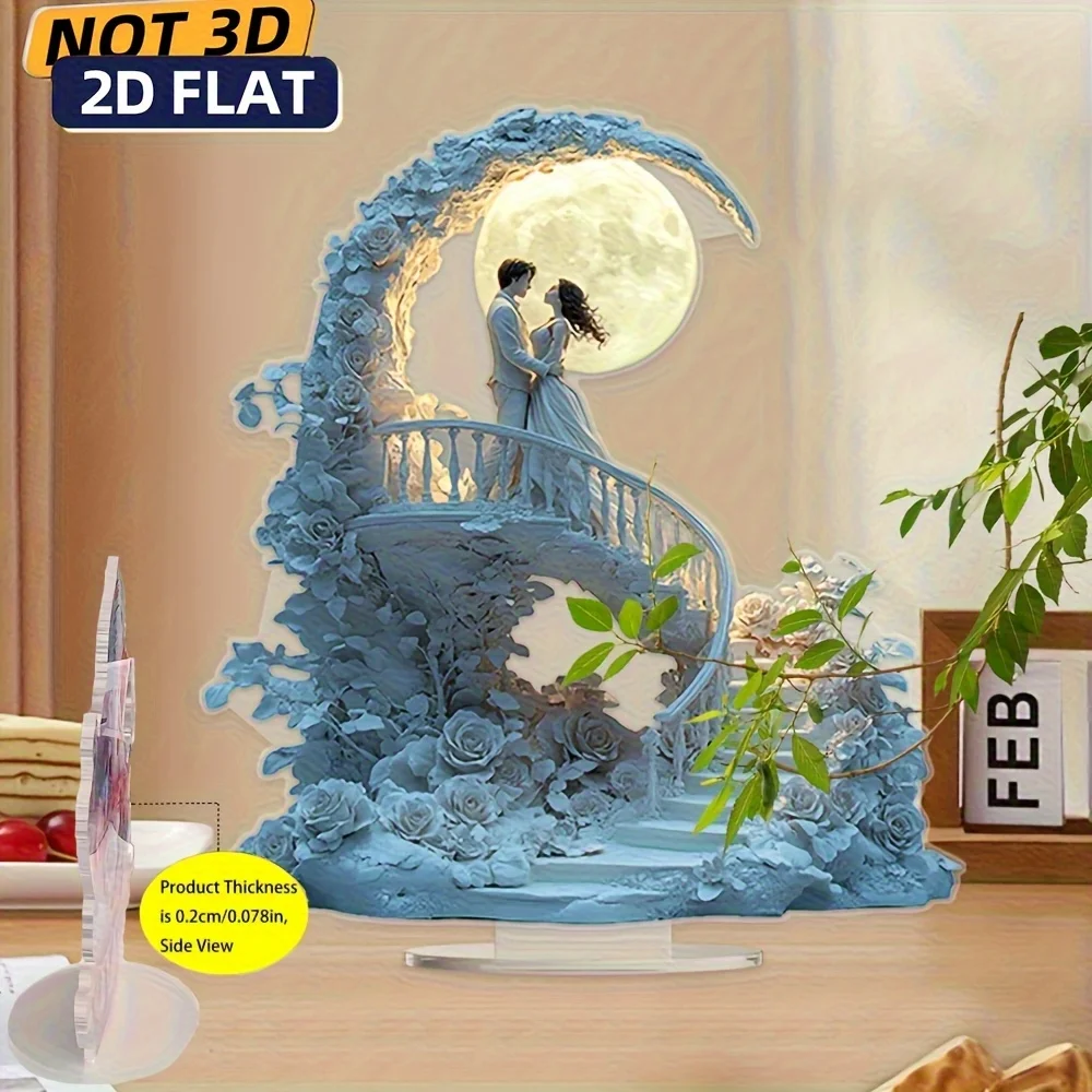 2D Flat Acrylic Romantic Couple Embracing Under Moonlight Decoration - Bohemian Wave Design with Rose And Greenery, No Electrici
