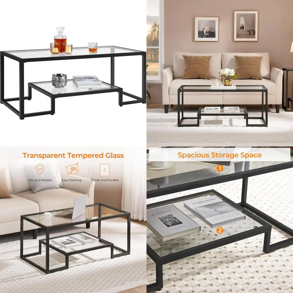 

contemporary geometric metal frame coffee table with tempered glass top for easy assembly