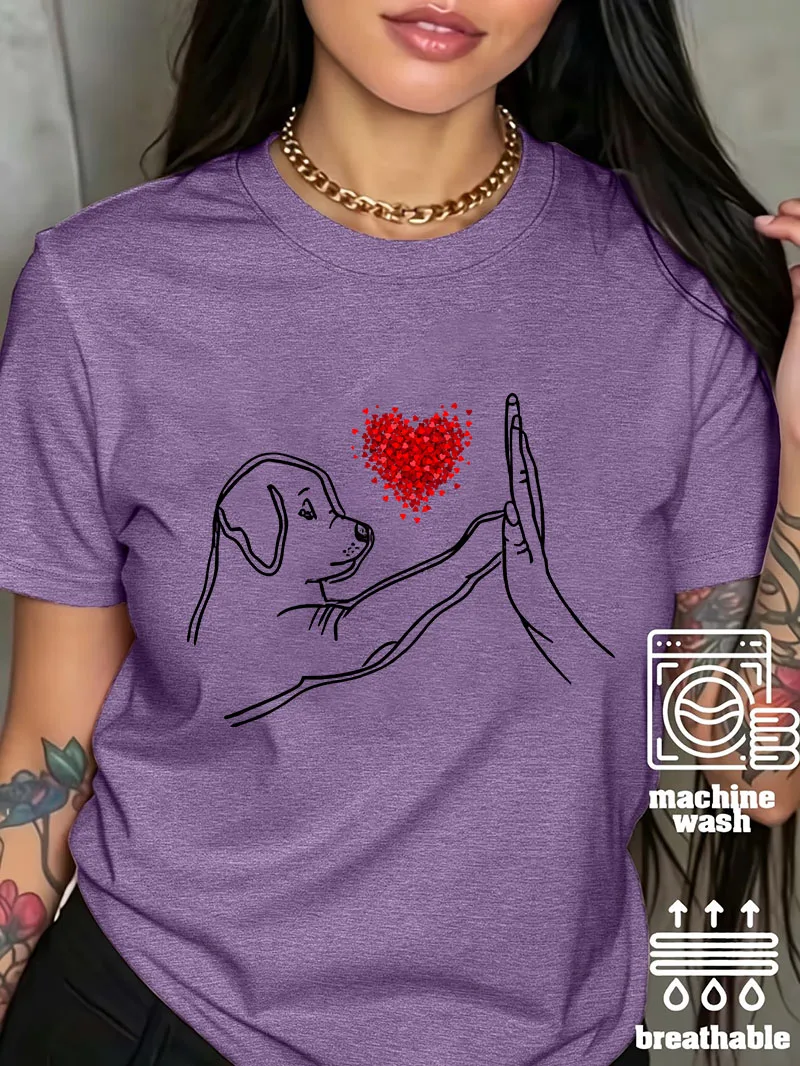 Summer Funny Line Drawing Pet Dog High Five Heart Graphic Print Women Crew Neck Short Sleeve T-shirt Tops Casual Soft Clothes