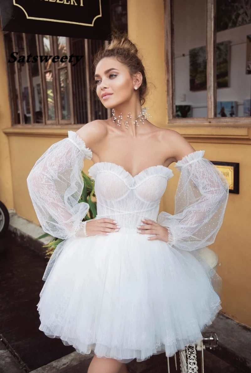 

Best Selling Sweetheart Wedding Dress Short Mini Summer Beach Bridal Gowns Lace Prom Party Tulle with Removable Puff Sleeve