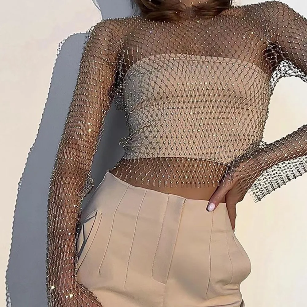 FestivalQueen Women\'s Sexy Bling Hollow Out Fishnet Grid T Shirt Full Sleeve Loose Women Luxury Diamonds Cover Up Beachwear Part