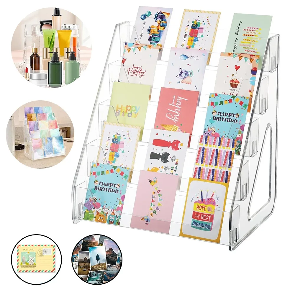 Présentoir de cartes de vœux, support de présentation en acrylique à 5 niveaux, organisateur transparent pour autocollants, marque-pages, timbres, cartes postales, cartes de vœux, présentoir polyvalent