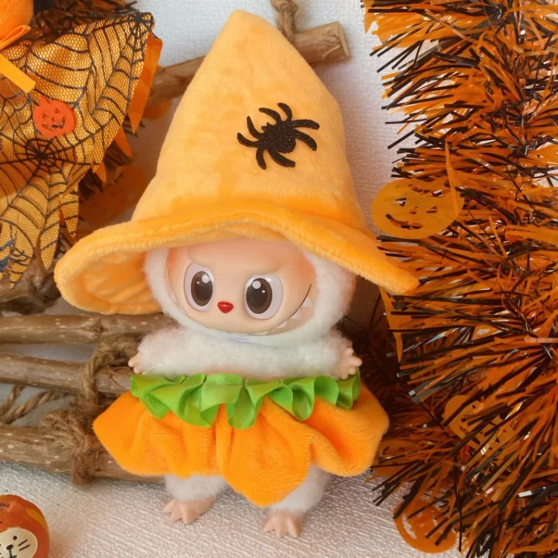 

Labubu Only Halloween Outfit 15/17cm 1st - 3rd Gen Pumpkin Dress Velvet Hat Ghost Pendant Necklace Set