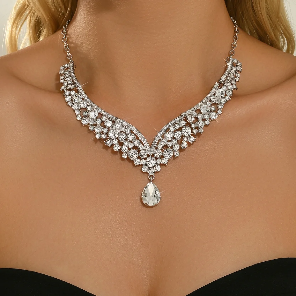 1PC-Silver Tone V‑Shape Pave Rhinestone Necklace With Teardrop Pendant For Bride Bridesmaid Wedding Evening Party Neck Jewelry