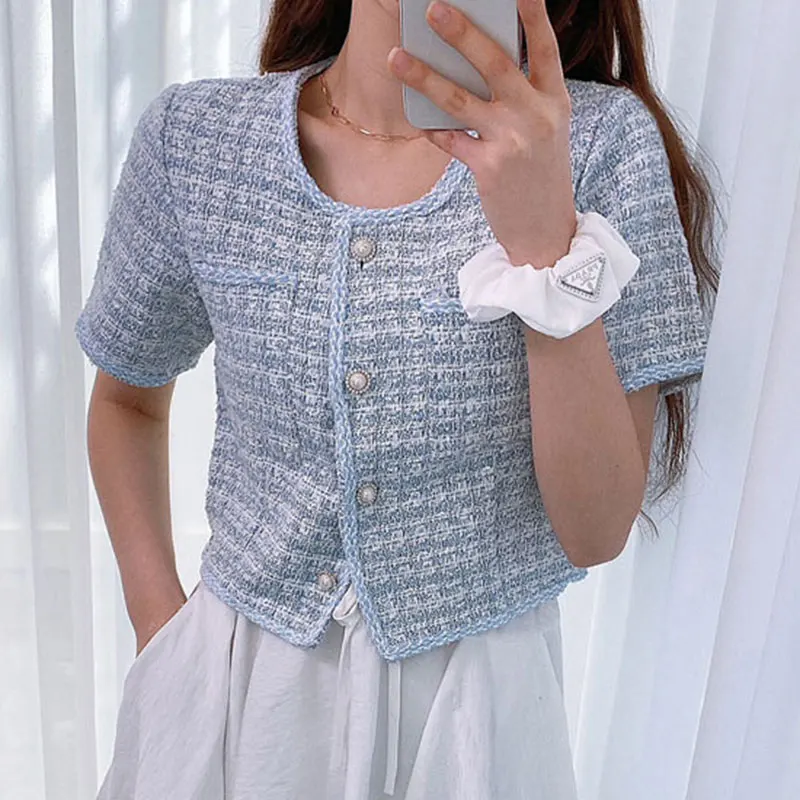 

Chic Summer Blue ort Coat Women's Loose Fit Notch Collar Single Button Embellied Rough Tweed Outerwear Straight Cut Sle