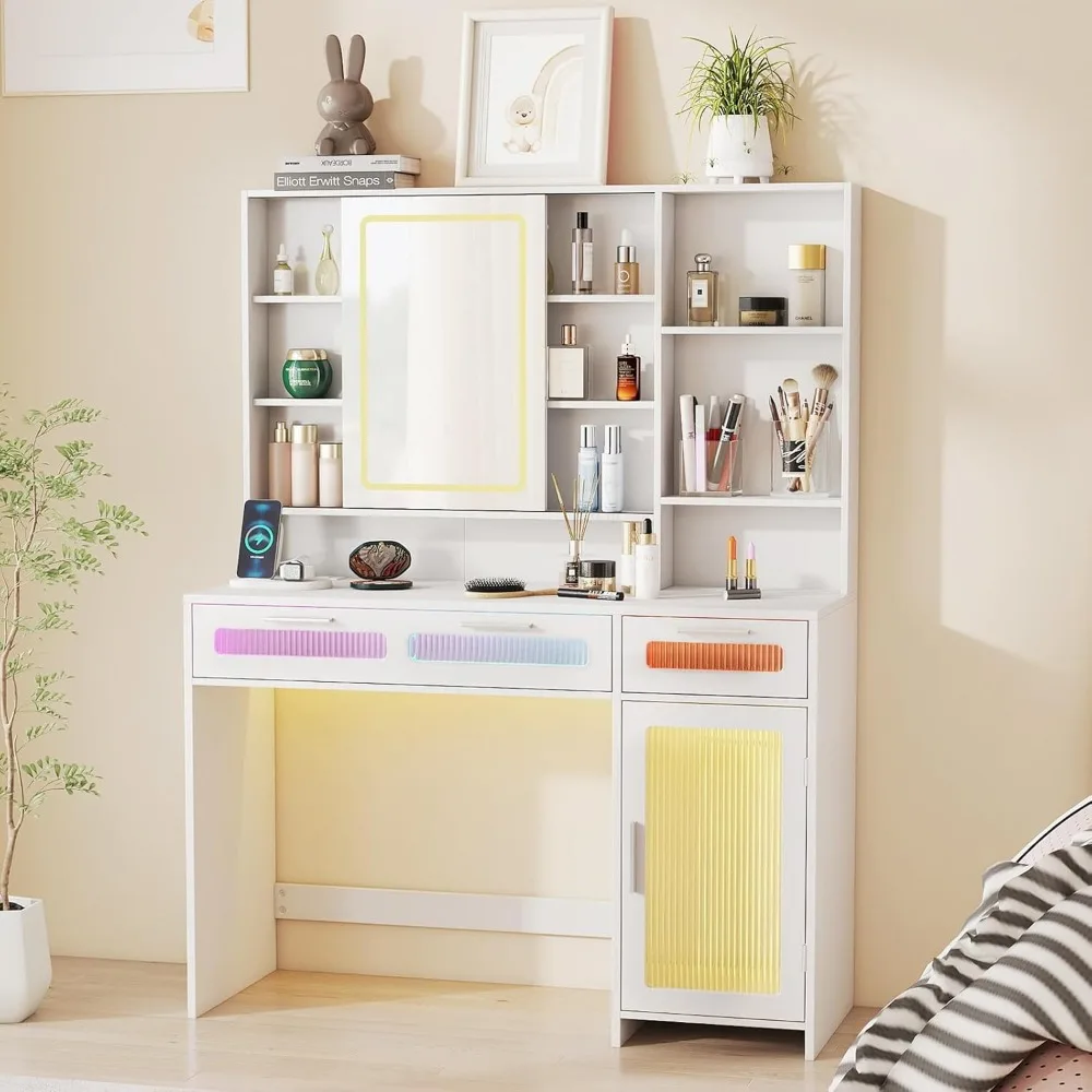 

"43" LED Vanity Desk w/ Sliding Mirror - Makeup Table w/ RGB Drawers & Power Outlet"​