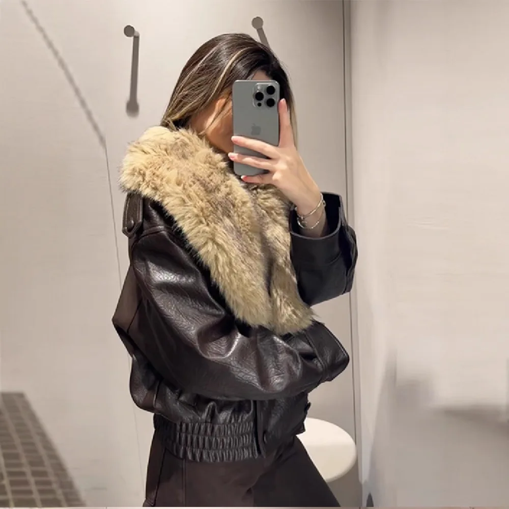 2025 Autumn and Winter New Products Personalized Street Versatile Removable Fur Collar PU Leather Jacket Women