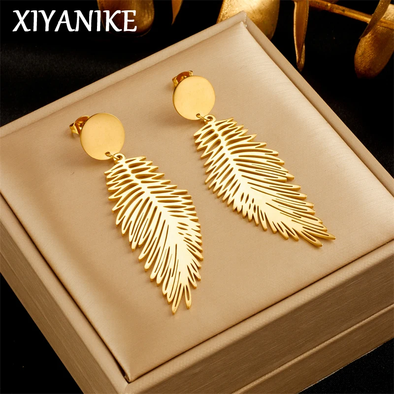 XIYANIKE 316L Stainless Steel Golden Earrings Feather Pendant New Arrival Accessories for Women Temperament Jewelry Gift Серьги