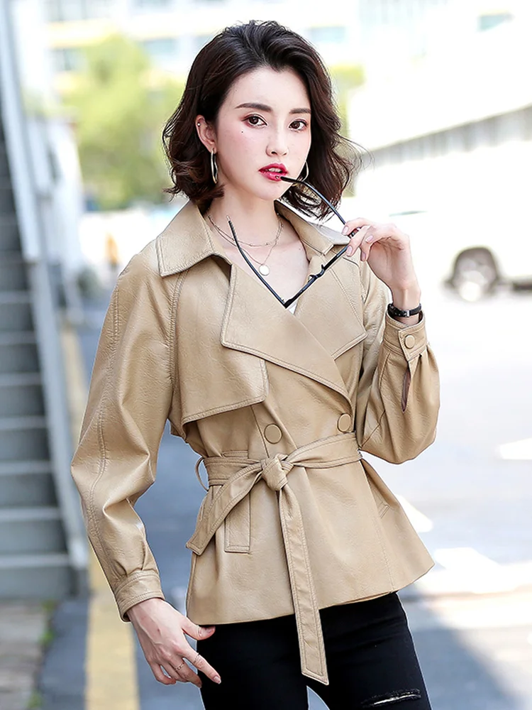 Haining Genuine Leather Jaet Women's Faionable Spring Autumn ort eepskin Coat Belted Slim Fit Single Button Closure