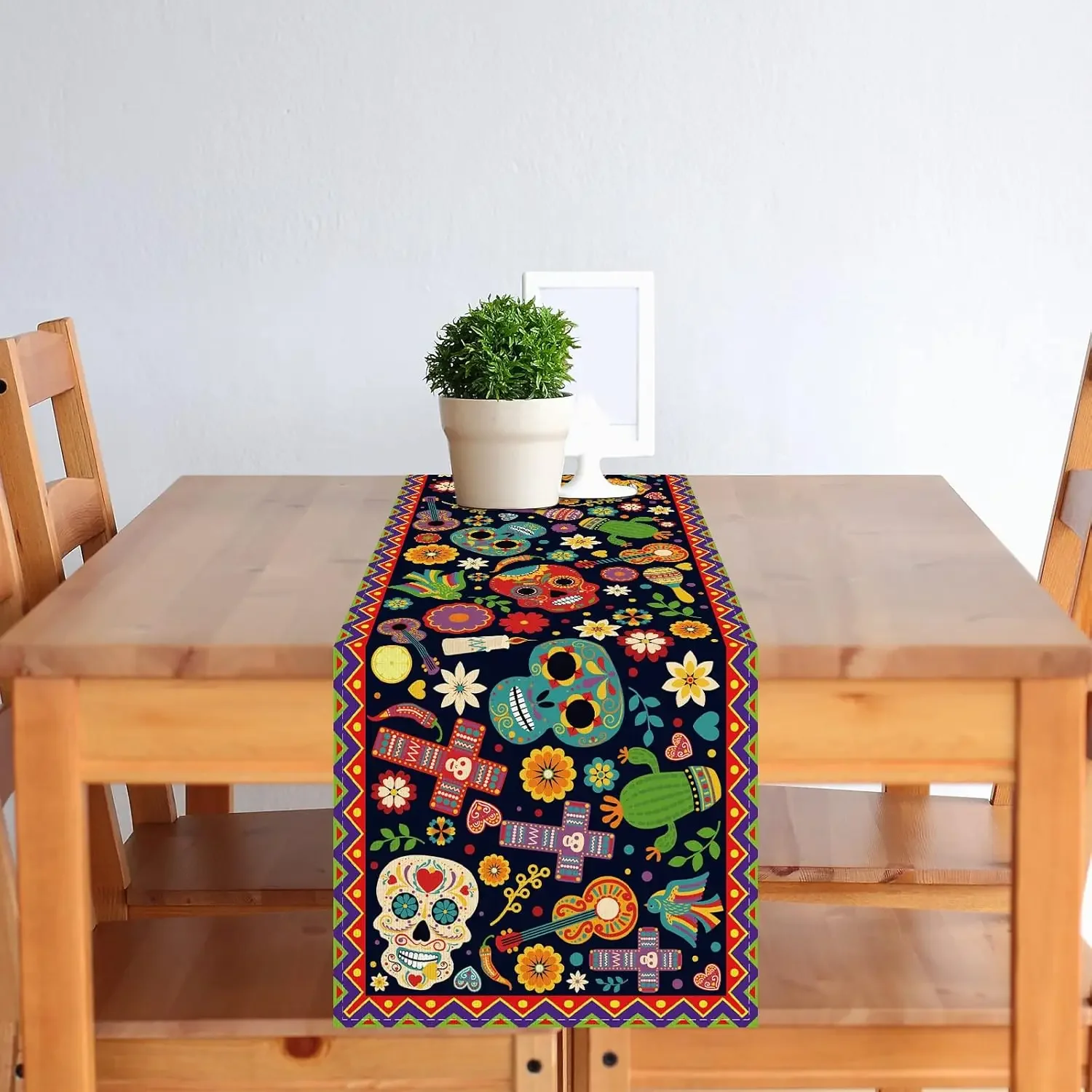 1Pc Mexican Day Of The Dead Style Table Runner Multicolor Sugar Skull Cactus Guitar Floral Print Table Cover For Dining Kitchen