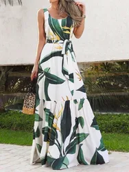 Summer Flower Print Sleeveless Long Dresses Women Elegant Casual Vacation Style Dress O Neck High Waist Leace-up Maxi Vestidos