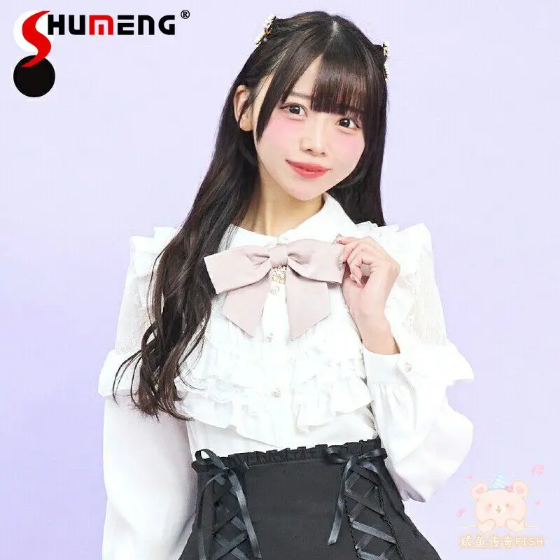 

Japanese Mines Style Mass-produced Sweet Girl Lolita Shirt Doll Collar Bows Lace Long Sleeves Single-breasted Blouse Tops Women