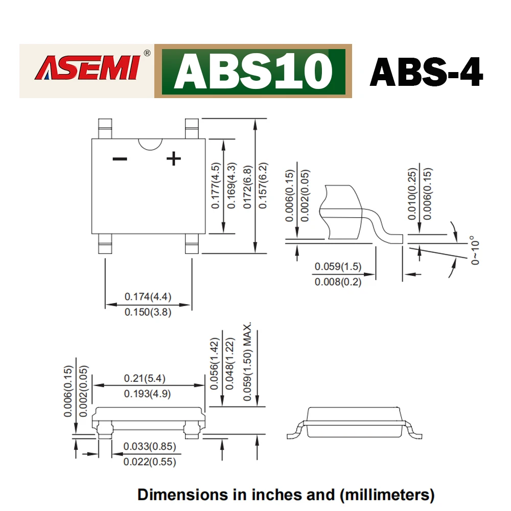 ABS10 SMD 1A 1000V Diode Bridge Rectifier ASEMI