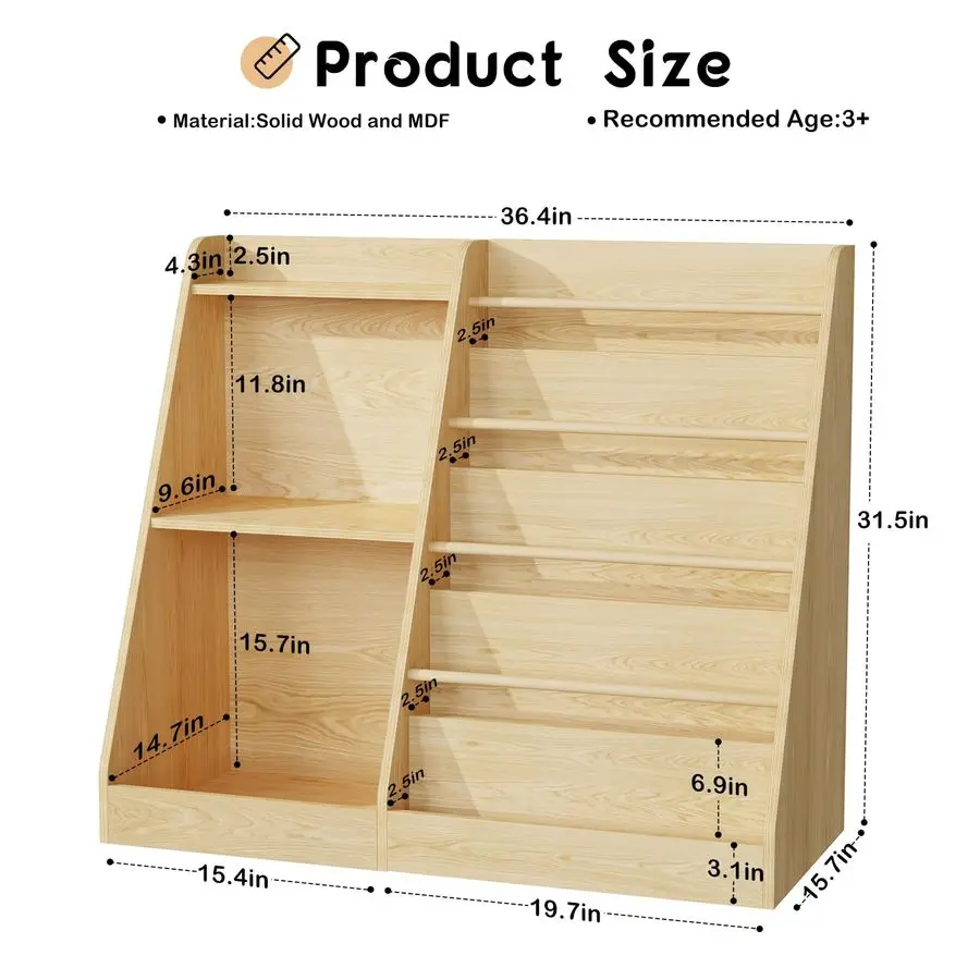 5 Tier Kids Bookshelf,Baby Bookshelf,Toy and Book Storage for Kids,Book Display Shelf,Natural