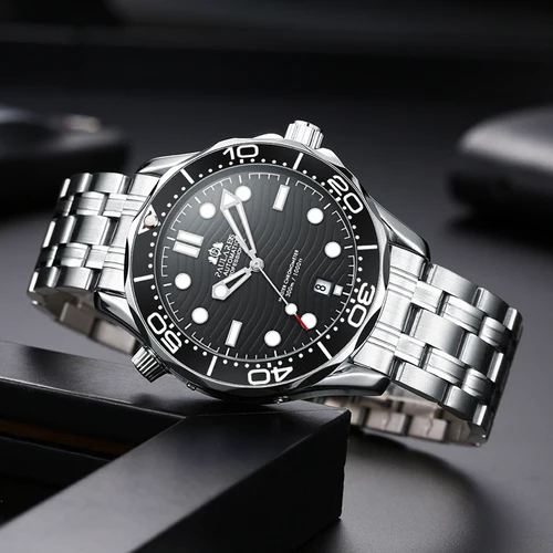 Imagen 1 del producto Reloj automático para hombre, movimiento mecánico de viento automático, acero inoxidable, informal, oro amarillo, plata, azul, relojes de moda Master Wave