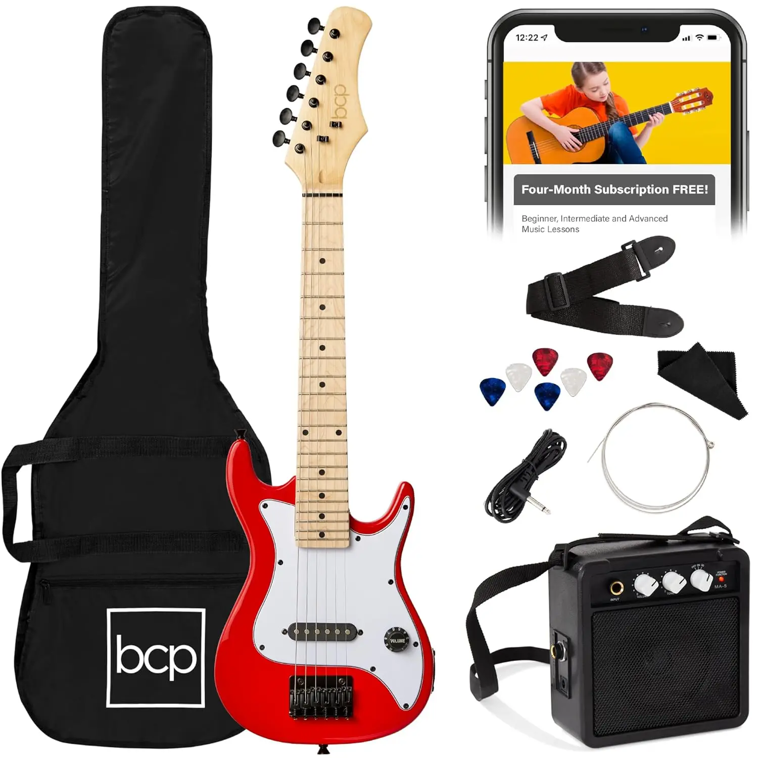 

30in Kids Electric Guitar Beginner Starter Kit w/ 5W Amplifier, Strap, Gig Bag, Strings, Picks - Metallic Red, Customized