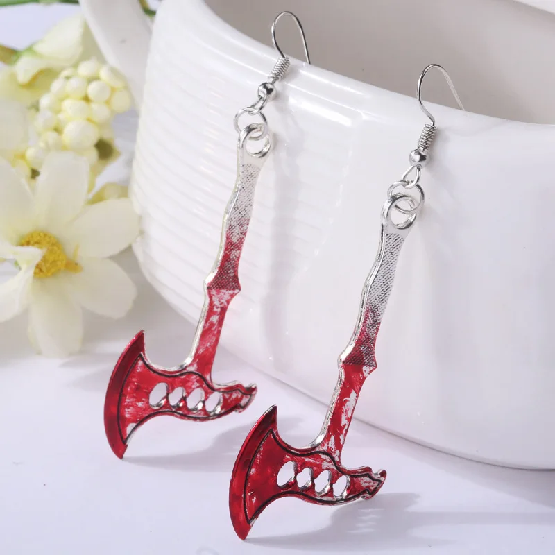 Terror Blood Axe Earrings Personalized Punk Metal Scissors Sharp Knife Wrench Skeleton Head European Halloween Funny Earrings