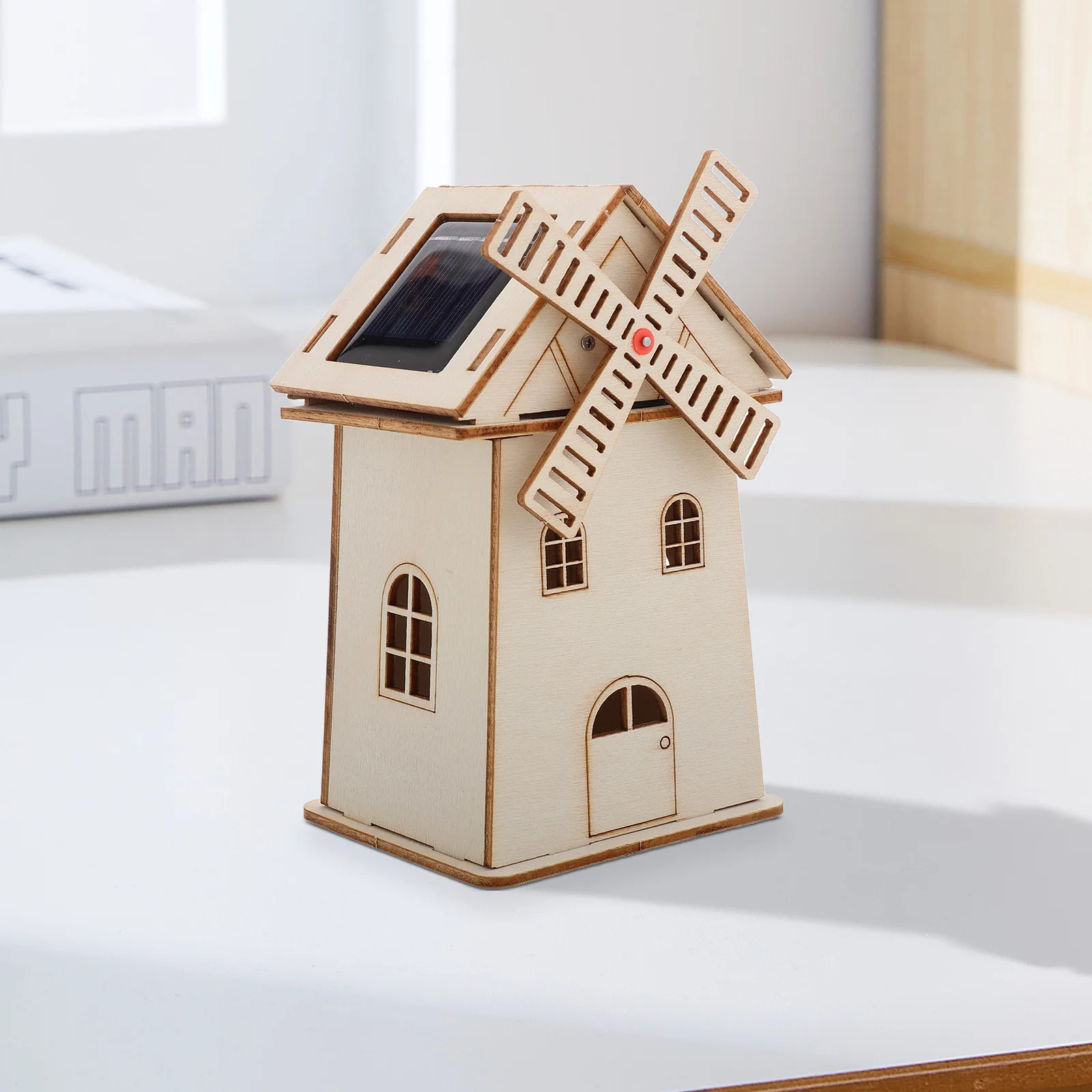 Casa mulino a vento solare in legno non finito Kit di montaggio fai-da-te Esperimento educativo scientifico Ornamento solare Modello di casa mulino a vento