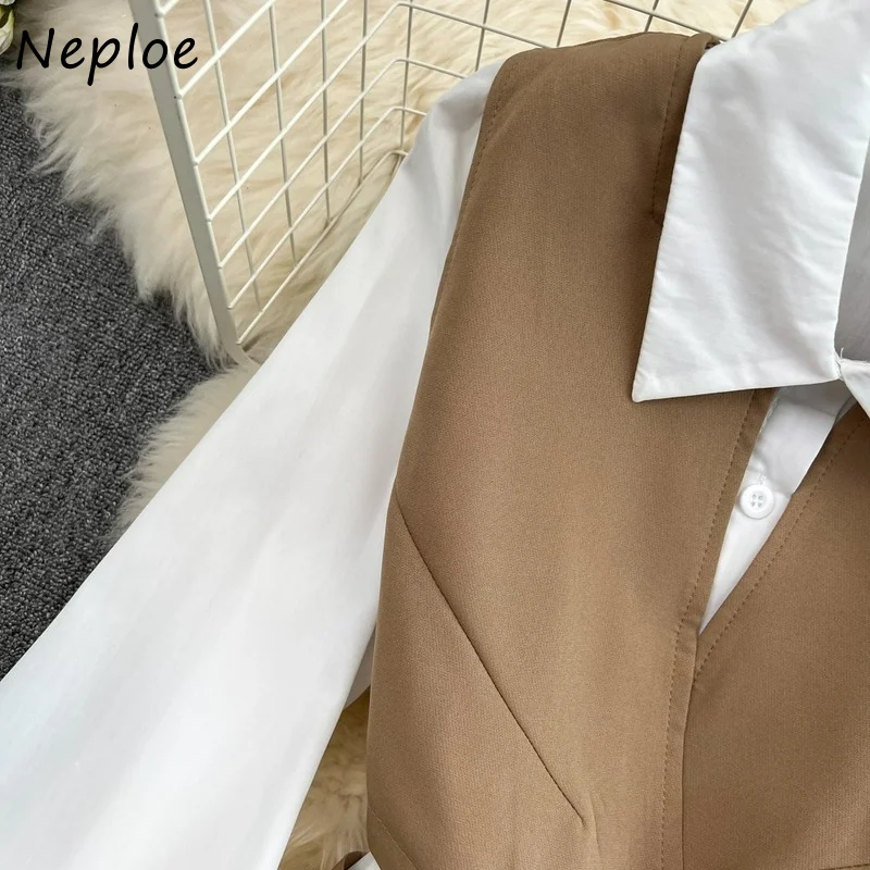 Neploe Turn Down Collar Long Sleeve Single-breasted Dress Suit+solid Color Sleeveless Vest Top Outfits Korean Chic 2pcs Set