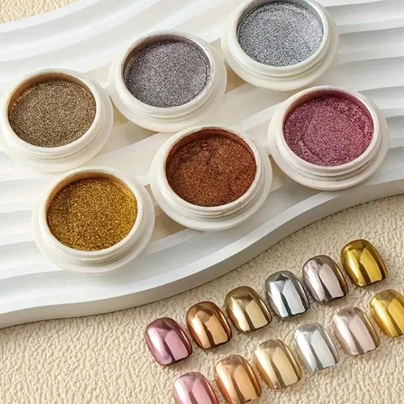 6 قطع مرآة أنيقة تأثير الكروم معدنية الغبار المجسم المزجج مانيكير الديكور عاكس الذهب والفضة يلمع مسحوق