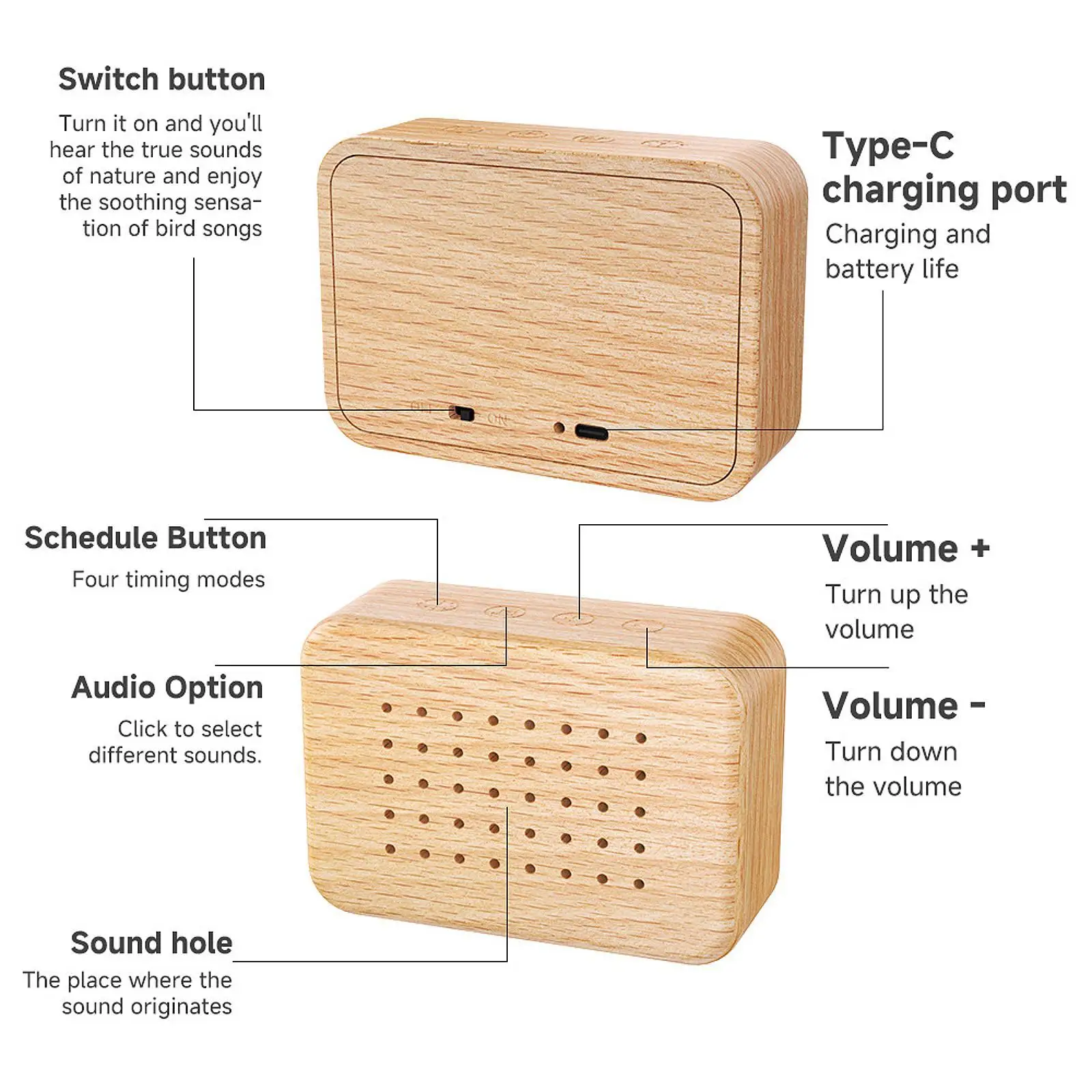 Compact Bird Sound Machine with Simulated Chirping Audio Solid Wood Device for Office Relaxation
