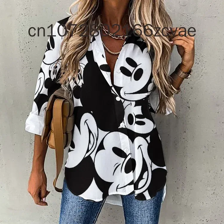 New Disney Mickey Minnie Women\'s Shirt Harajuku Slim Fit 3D Printed Button Long Sleeve Lapel Casual Cute Y2K Shirt