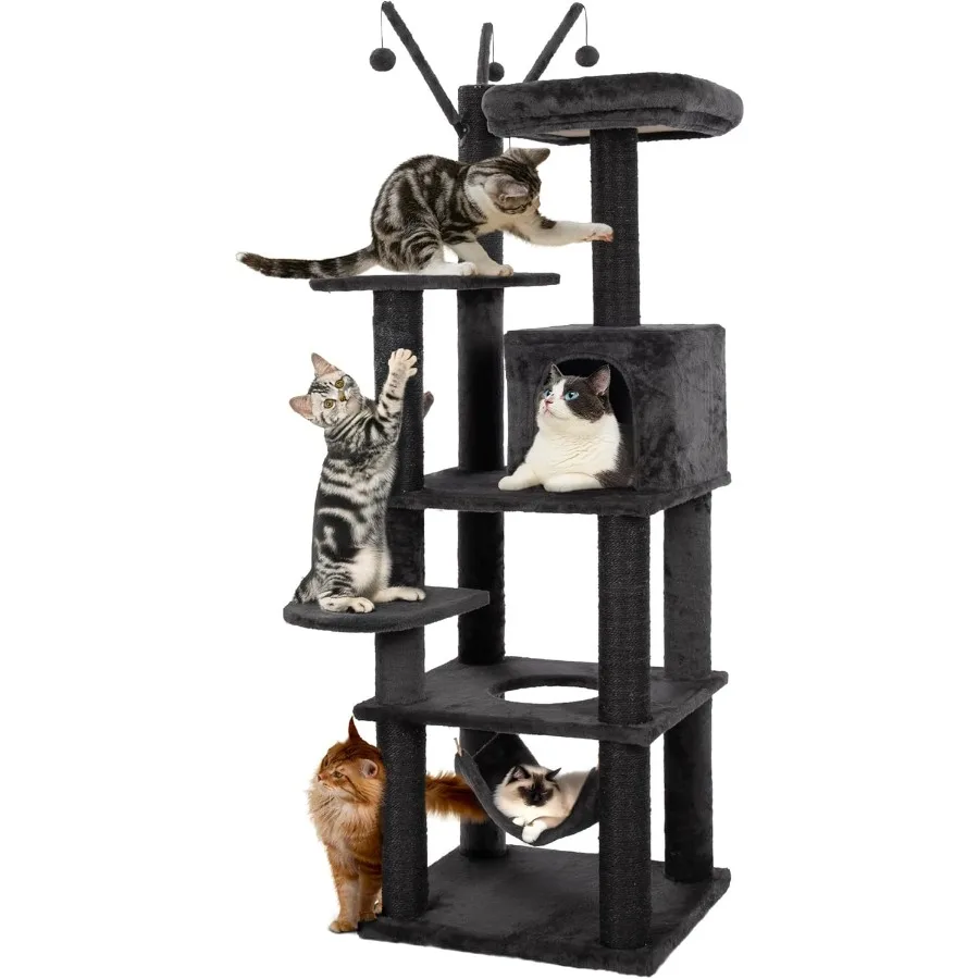 

73.6-inch Tall Modern Indoor Cat Tree with Multi-Level Climbing Structure Cat Cave Condo Hammock and Scratch Posts for Large Ca