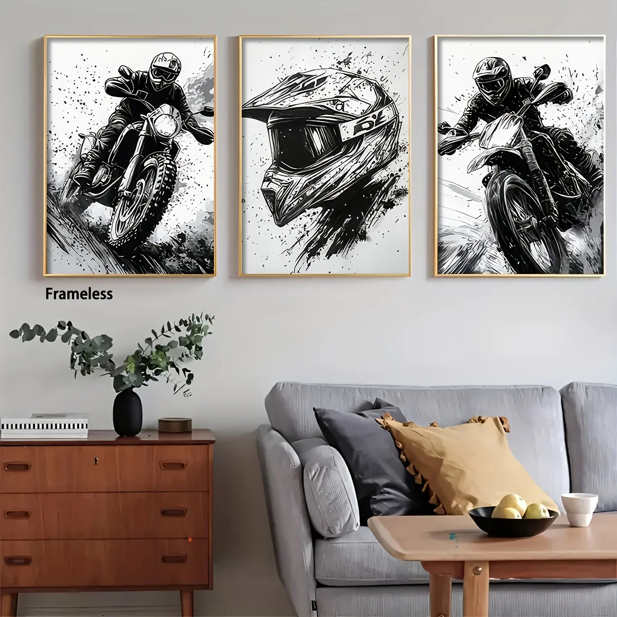 2D Flat, 3pcs Modern Dirt Bike Wall Art Frameless Vertical Poster - Black & White Motocross Rider Off-Road Suitable for Man C